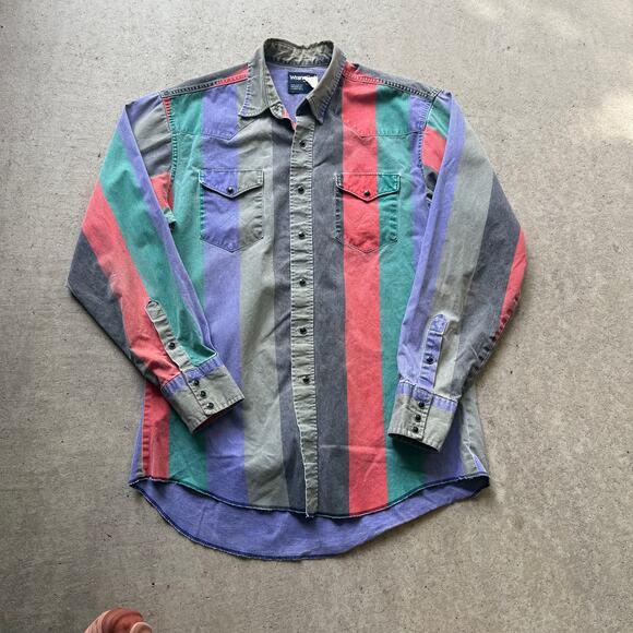 Vintage 90's Wrangler Striped Brushpopper Western Snap Long Sleeve Shirt Sx XL - Picture 1 of 7